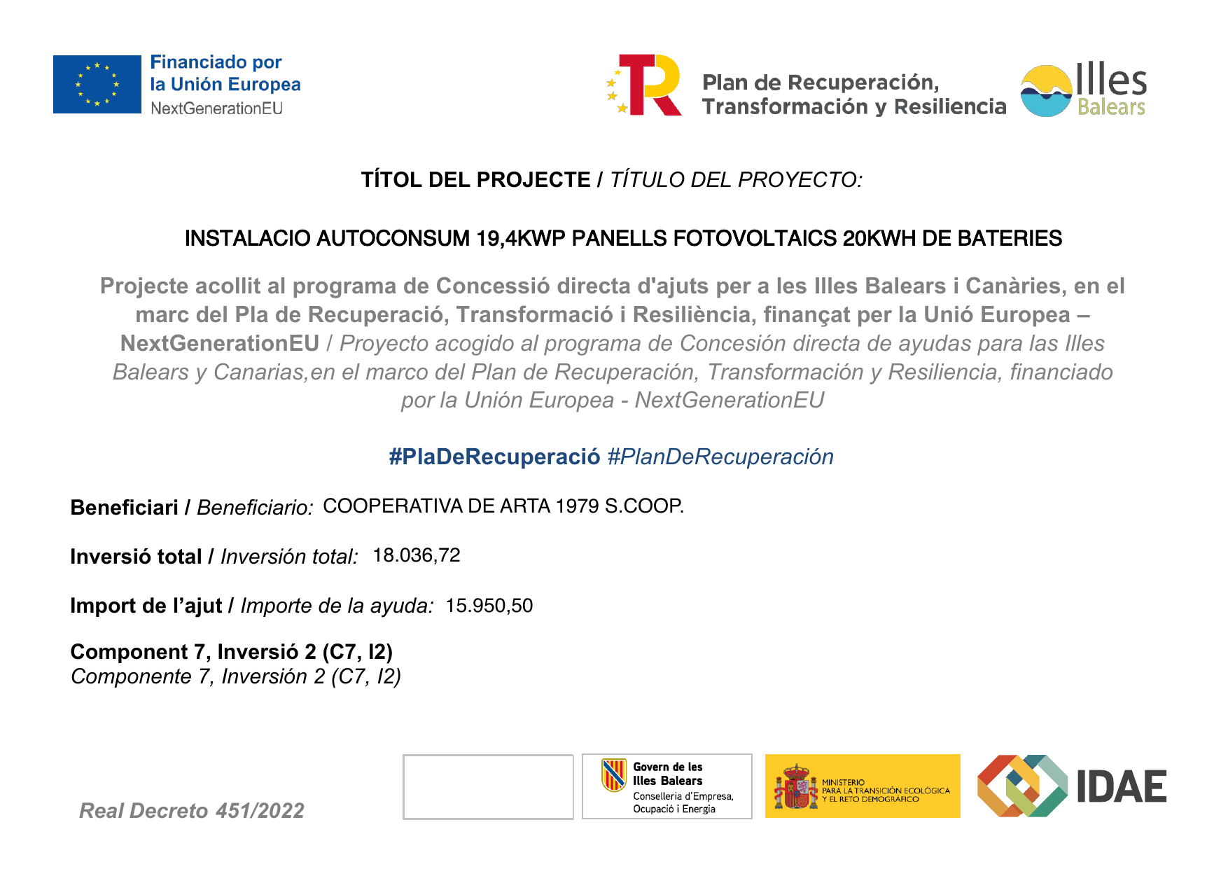 Cartell oficial de la subvenció — Instal·lació autoconsum fotovoltaic amb bateries, Cooperativa d'Artà