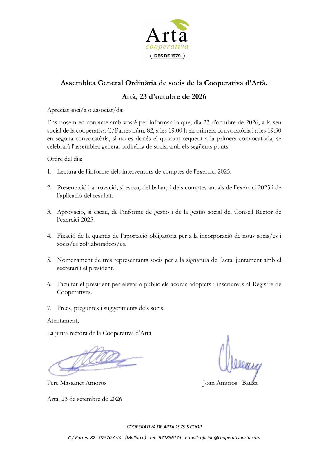 Convocatòria de l'Assemblea General Ordinària de Socis de la Cooperativa d'Artà, 23 d'octubre de 2026